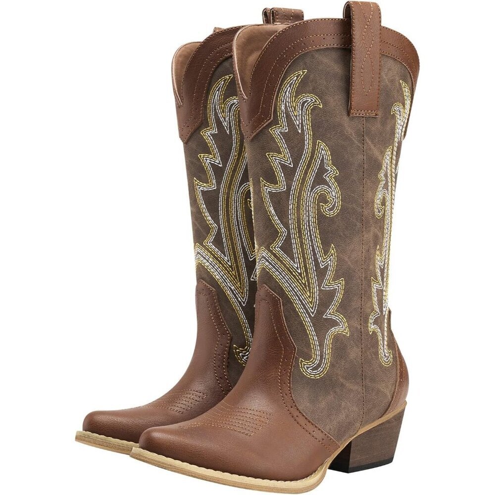 Women's  Mosaic Brown Comfortable Pointed Toe Embroidered Western Cowgirl Boots
